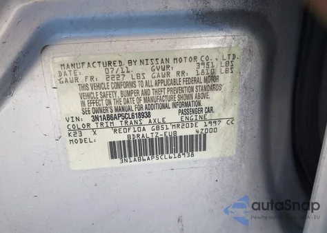 2012 Nissan Sentra 2.0 Sr z USA, uszkodzony, nr VIN 3N1AB6AP5CL618938